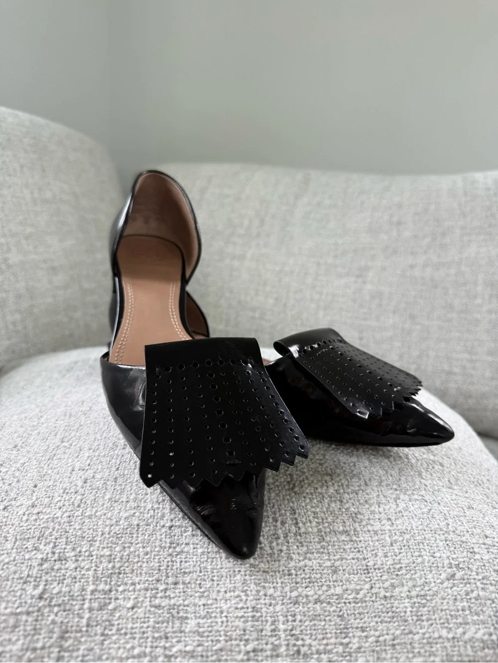 Tory Burch Black Patent Pointed D'Orsay Flats with Kiltie